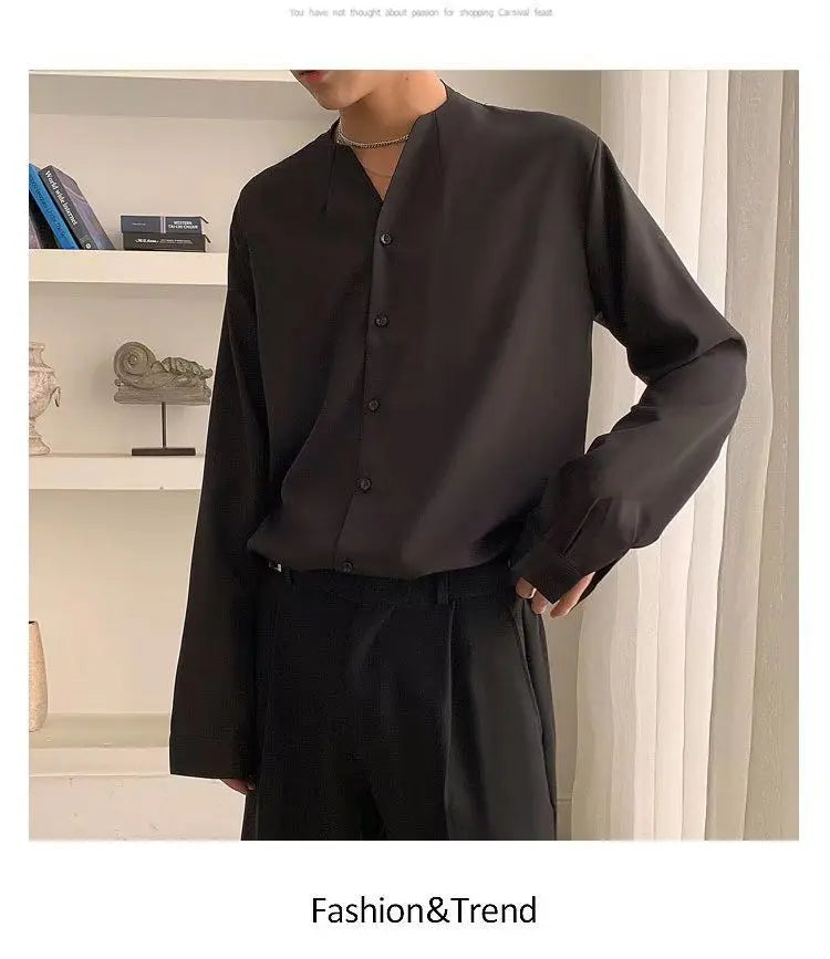 Threebooy 2025 New Retro V-neck Shirt Temperament Solid Color Long-sleeved Drooping White Shirt Korean Loose Trendy Top Aesthetic Chic