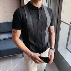 Threebooy Vintage Pattern Patchwork Knit POLO Shirt Men Summer Fashion Men Short Sleeve Slim POLO Shirt Casual Button Lapel Pullover