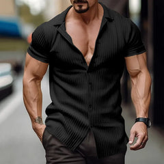 Threebooy  Men's Summer New Patchwork Turndown Collar Button Screw Thread Fashion Solid Color Casual Slim Fit Short Sleeved Shirts