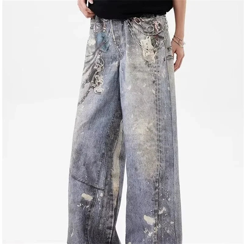 Threebooy  New 3D Chain Printed Baggy Jeans For Men And Women Casual Baggy Straight Denim Pants High Street Wide-leg Y2K Blue Jean
