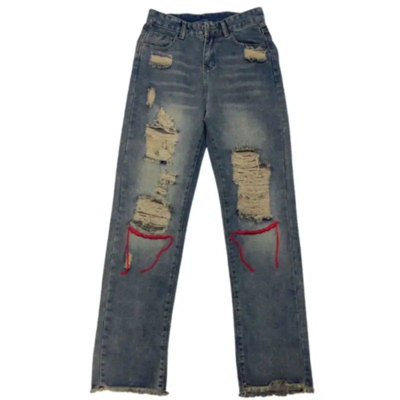 Threebooy Korean Style Ins Hip-Hop Trendy Distressed Red Rope Vintage Jeans Washed And Worn Long Straight Leg Pants