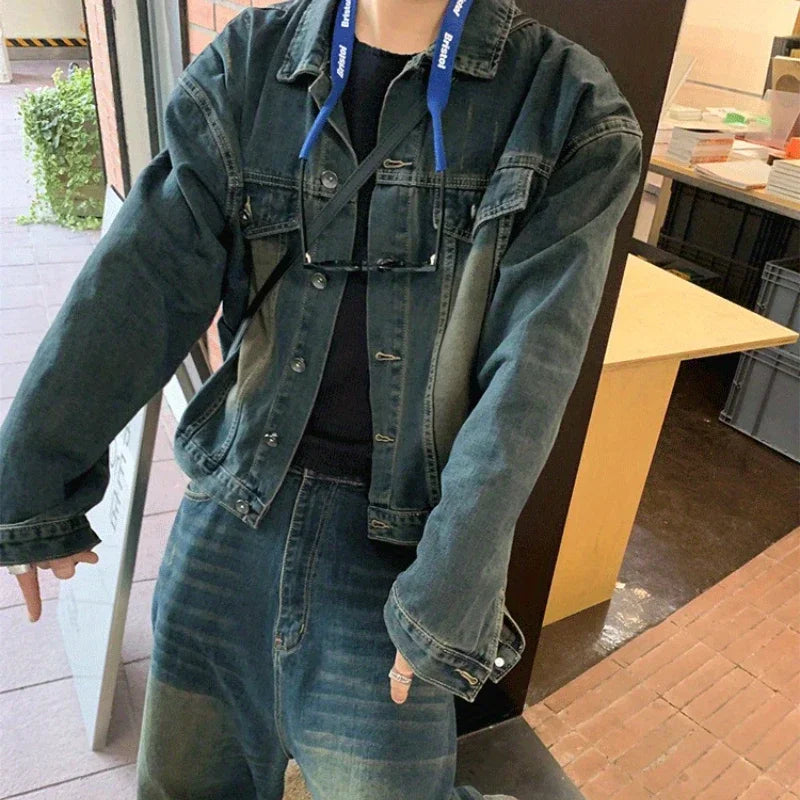 Threebooy Two Piece Set/single Piece Spring Autumn Jackets Jeans Tracksuit Trendy Vintage Loose Washed Old Jeans Set Male Street Outerwear