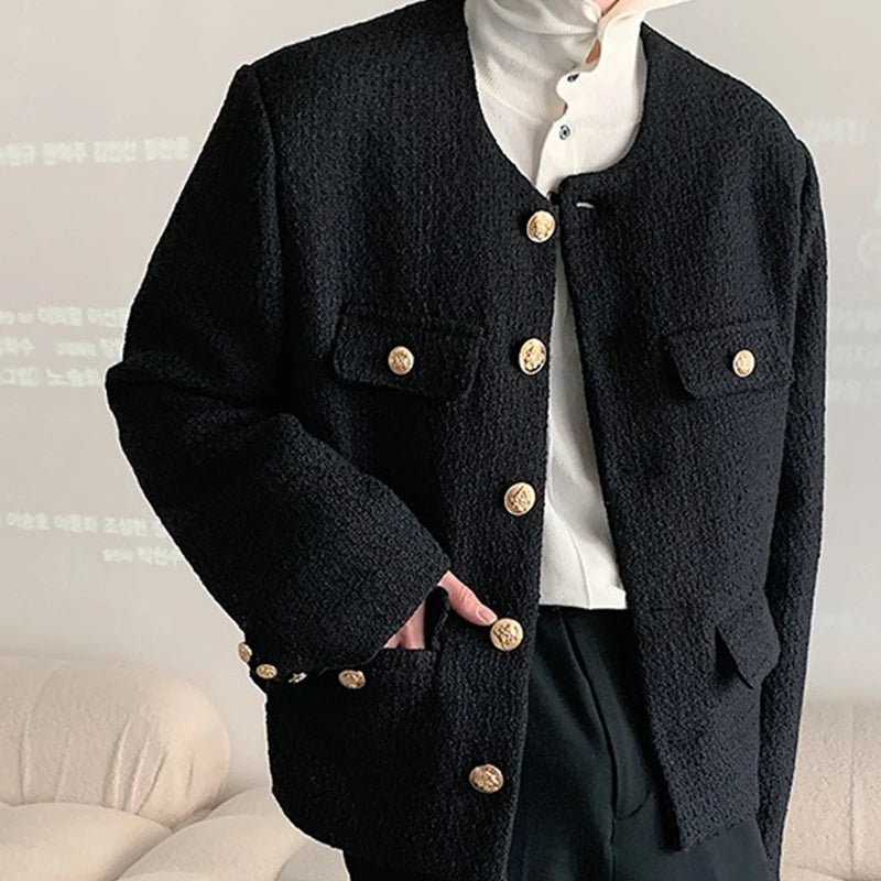 Threebooy Korean Style Fashionable Tweed Round Neck Jacket Men Japanese Trendy High-end Single-breasted Short Jacket with Temperament