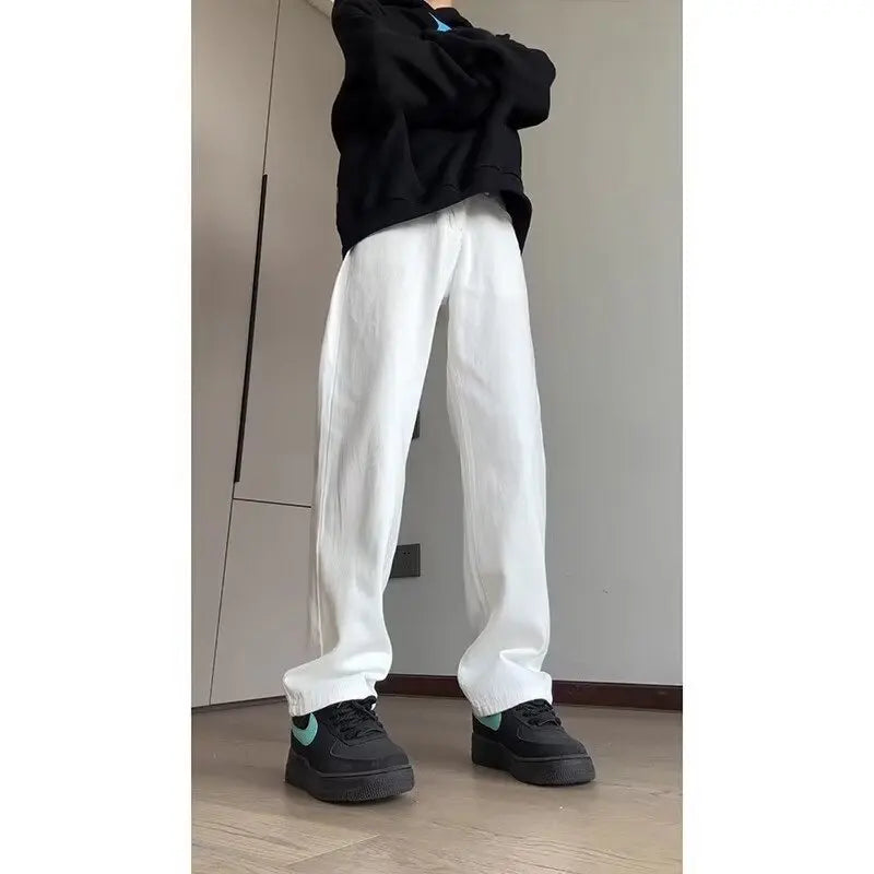 Threebooy Men's White Black Flared Cargo Jeans Fashion High Street Bell Bottom Loose Straight Denim Pants