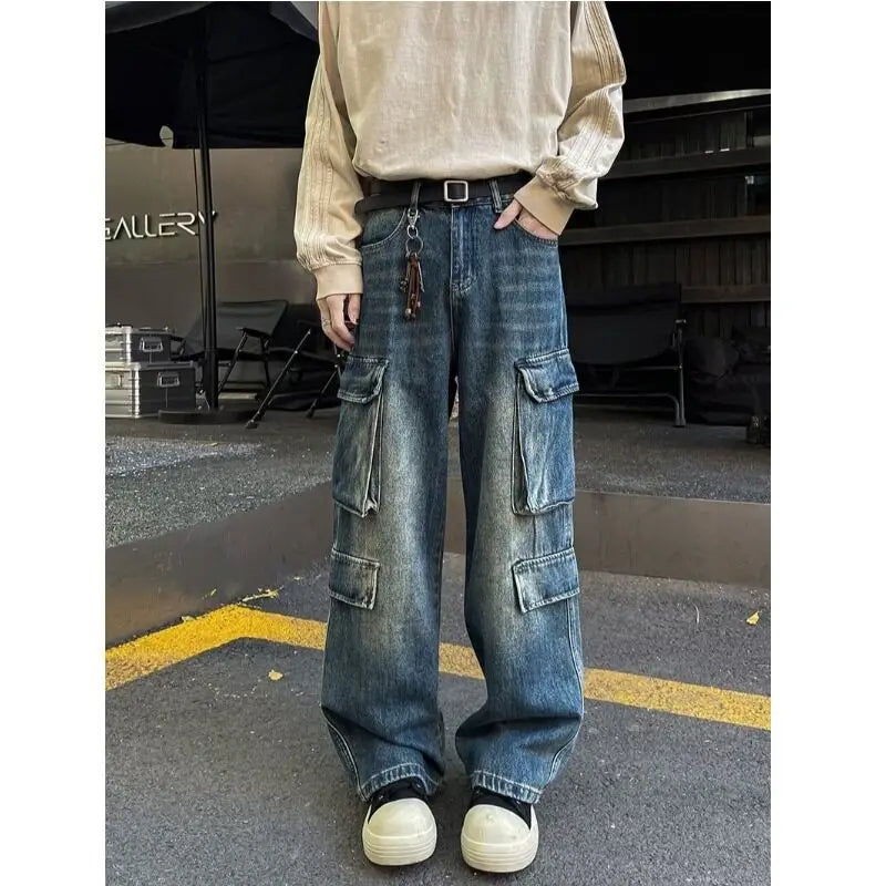Threebooy Cargo jeans men New High Street Gothic Punk Dark Trousers  Harajuku Retro Baggy Jeans Men Street Fashion Straight Leg Pants