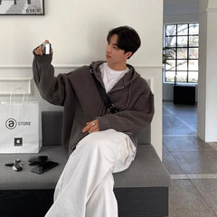 Threebooy Winter Clothing Men's Light Luxury Knit Hooded Cardigan Sweater Korean Vintage Popular Zipper Long Sleeve Loose Hoodie Knitwear