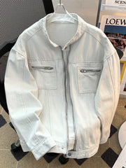 Threebooy  Washed Jeans Coat Worn Deconstructed Stand Collar Denim Jacket for Men's American Cleanfit Design Canvas Zipper Jacket