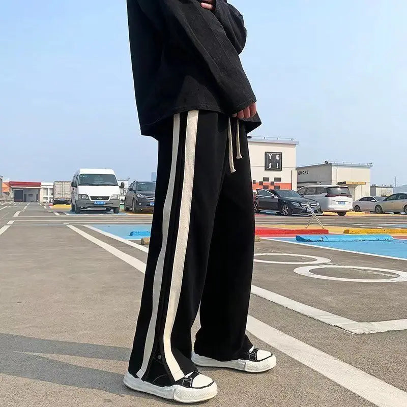 Threebooy New Spring and Summer Fashion Hong Kong Style Split Wide Leg Casual Loose Fashion Brand Sports Straight Sleeve Men's Pants