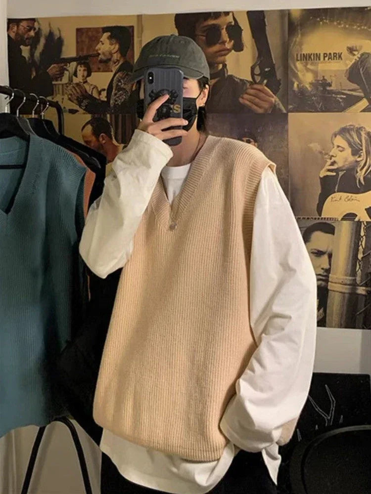 Threebooy Knit Sweater Male Sleeveless Men's Clothing Plain Solid Color Waistcoat Vest V Neck Blue Plus Size Street Korean Fashion Jumpers