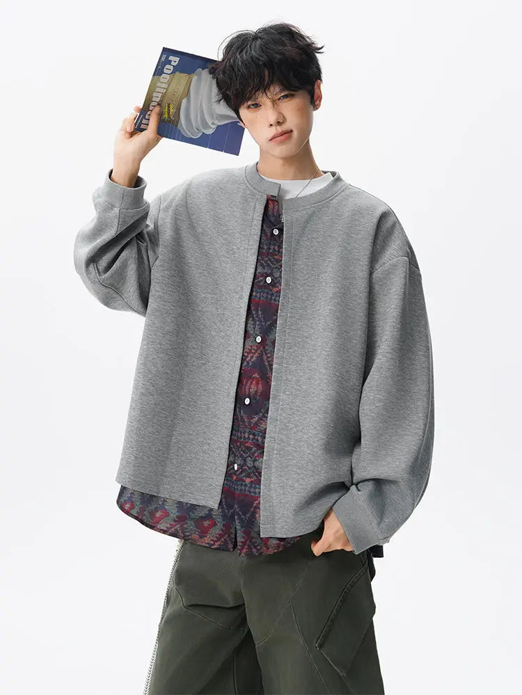 Threebooy Jacket men Stand Up Collar Single Breasted Fake Two Piece Jacket Autumn Thin Ethnic Print Patchwork Mens Outerwear Coat men new