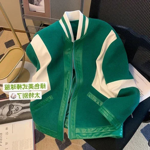 Threebooy American Retro Baseball Uniform Jacket Men's Spring and Autumn Loose Stand Collar Long Sleeve Contrast Color Couple Casual Coat