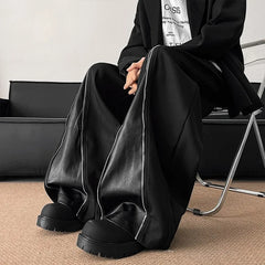 Threebooy NEW PU Leather Patchwork Wide Leg Pants Men Zipper Hip Hop Fashion Harajuku High Street Loose Casual Pants Ropa Hombre
