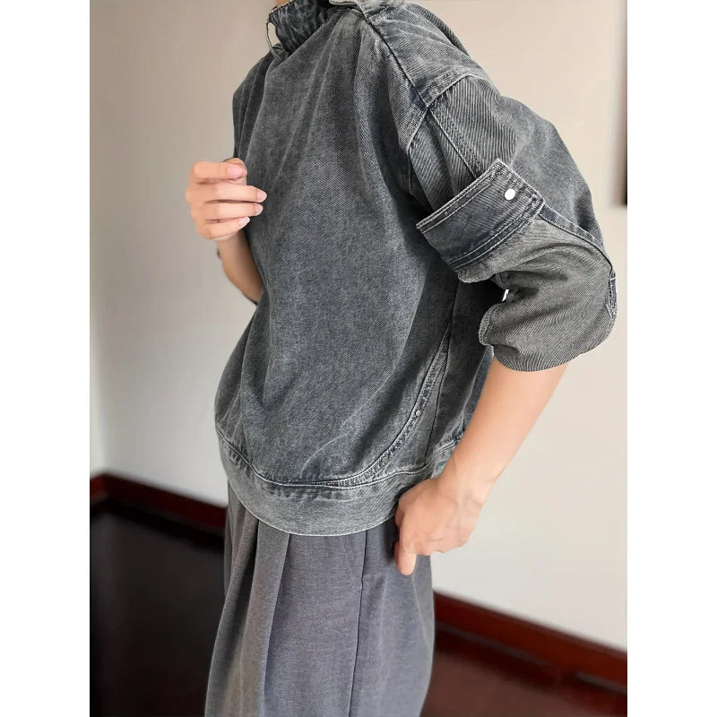 Threebooy Hong Kong style denim jacket men's fashion brand high street niche personality leisure collar pullover work jacket