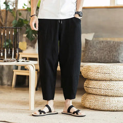 Threebooy  New Summer Cotton and Linen Loose Men's Casual Cropped Plus Trendy Youth Thin Versatile Wide-fitting Harem Pants
