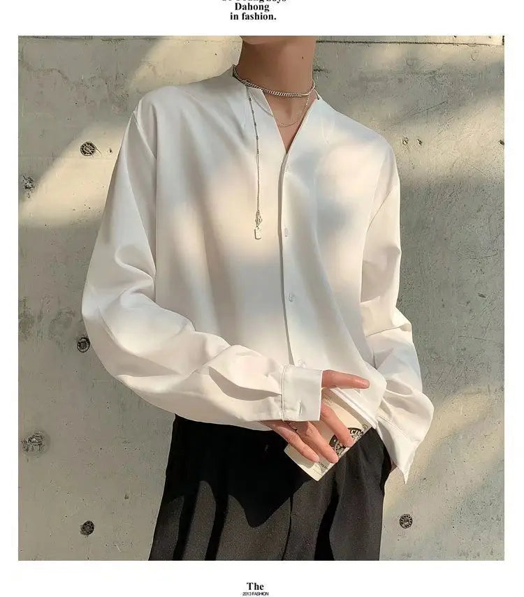 Threebooy 2025 New Retro V-neck Shirt Temperament Solid Color Long-sleeved Drooping White Shirt Korean Loose Trendy Top Aesthetic Chic