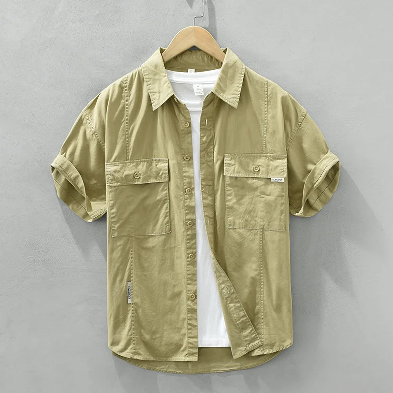 Threebooy  Short Sleeved Shirt For Men Summer Pure Cotton Retro Male Solid Color Classic Loose Casual Double pockets Tooling Shirts
