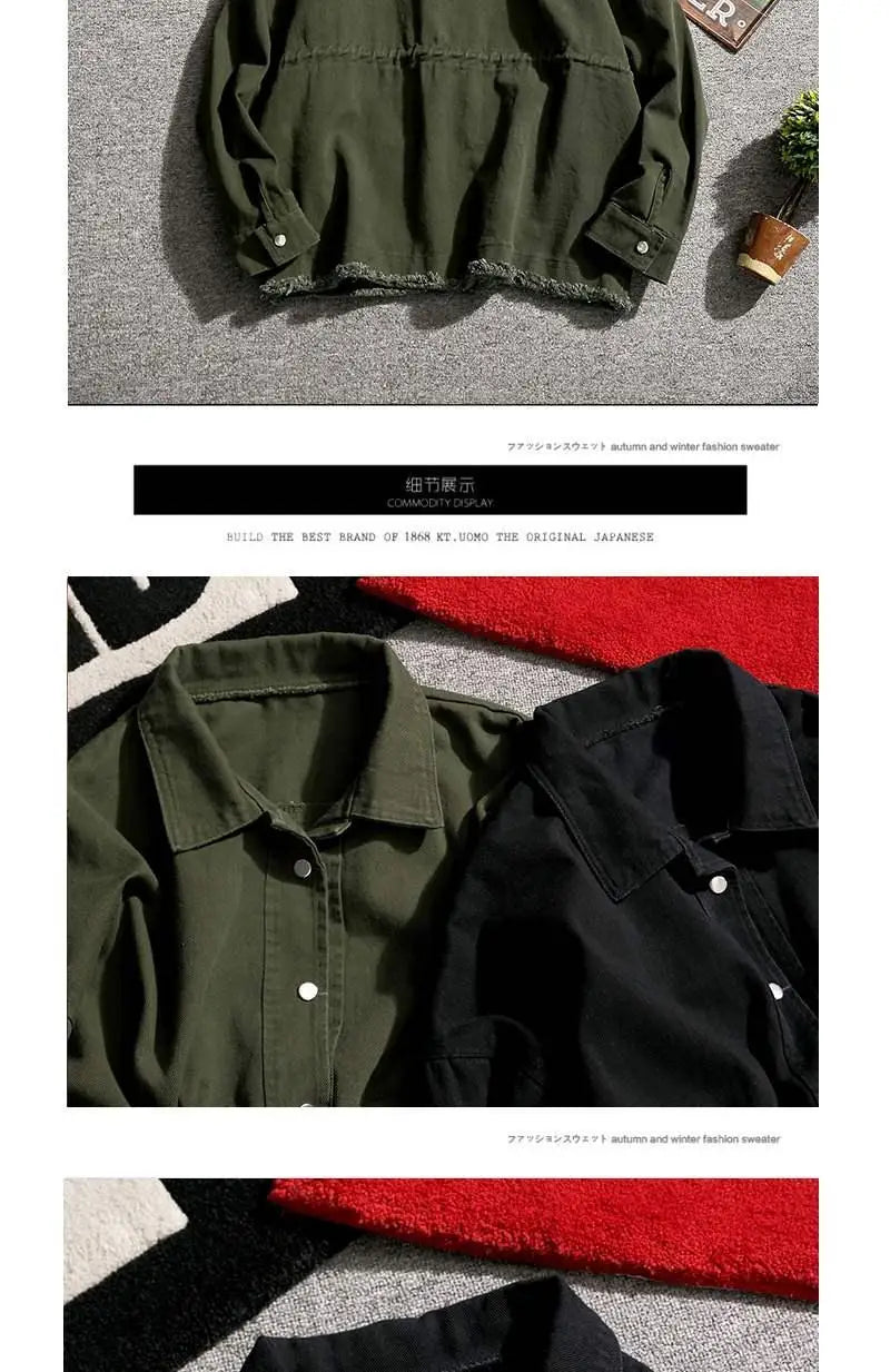 Threebooy Japanese Cargo Retro Jacket Men 2025 Spring Loose Large Size Army Green Denim Jacket Preppy Trendy High-end Simple Jacket Chic