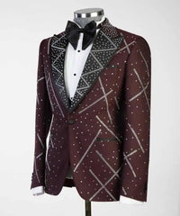 Threebooy  Modern Wedding Groom Tuxedo 2 Piece Blazer Pant Single Breasted Crystals Formal Occasions Party Banquet