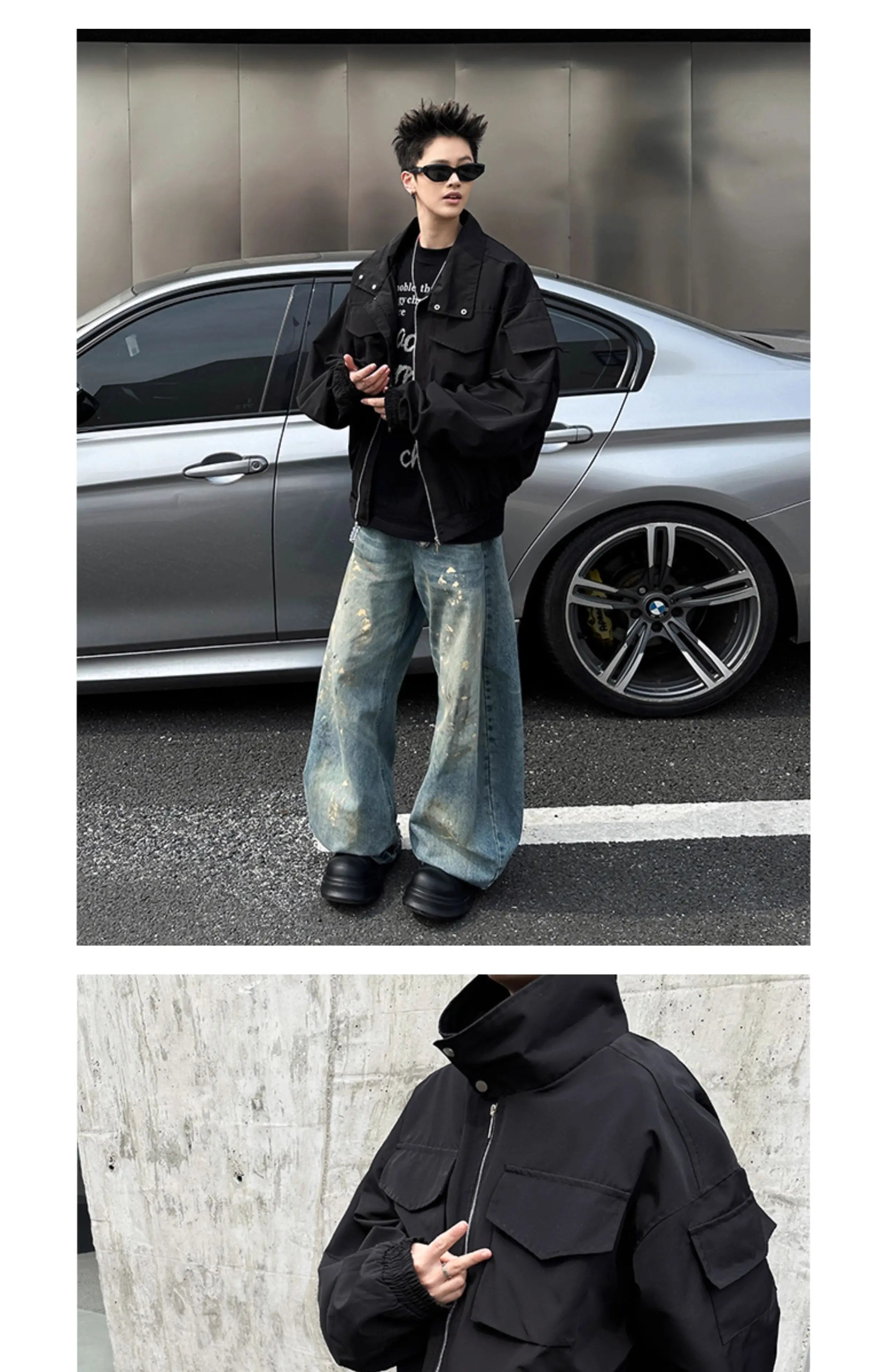 Threebooy Outdoor Work Jacket Men's Spring Autumn American Retro Zipper Coat Silhouette Bomber Handsome High Street Flying Work Jacket
