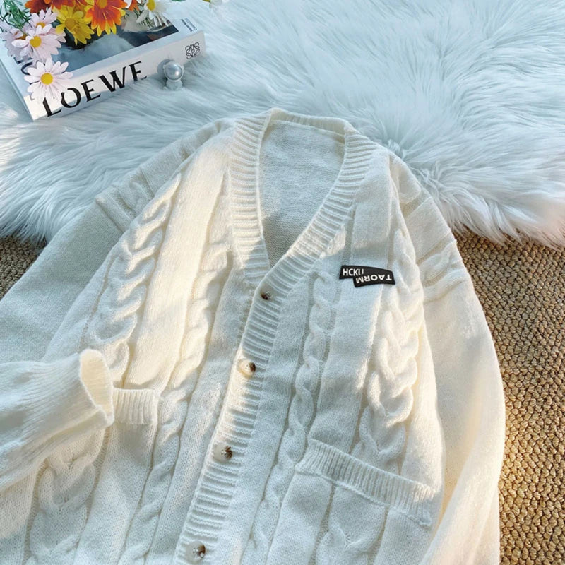 Threebooy Letter Twists Cardigan Sweater Men New Preppy Grunge Cityboy Knit Jacket Japan Couple Casual V-neck Sweater Coat