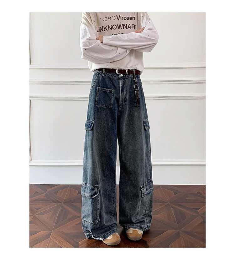 Threebooy Men Workwear Cargo Jeans New Multi Pocket Loose Straight Leg Baggy Streetwear Denim Pants Urban Casual Trousers 2025 Autumn