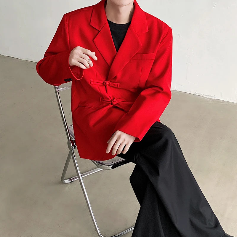 Threebooy New Chinese Red Suit Blazer Men's Solid Color Turn-down Collar Suit Stylish Loose Blazers Mens Streetwear Casual Suit Jacket