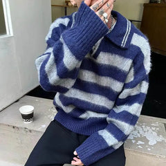 Threebooy  Autumn New Men's Contrast Striped Sweater American Retro Fashion High Street Hip Hop Loose Casual Niche Men's Jacket