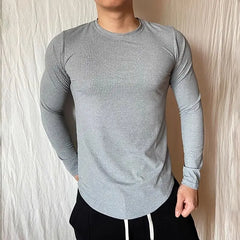 Threebooy  Sports Long-sleeved T-shirt Fitness Tights Slim Elastic Striped Round Neck Casual
