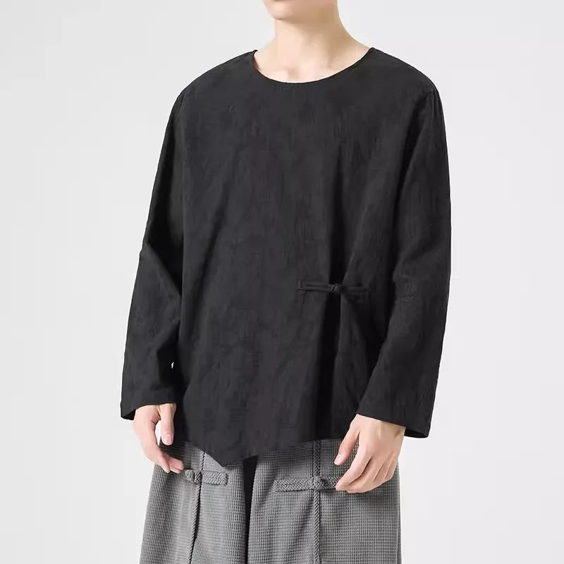 Threebooy High Quality Spring Autumn Men's Cotton Long Sleeve T-Shirts Fashion Chinese Style O-Neck Casual Tees Men Loose Breathable Tops