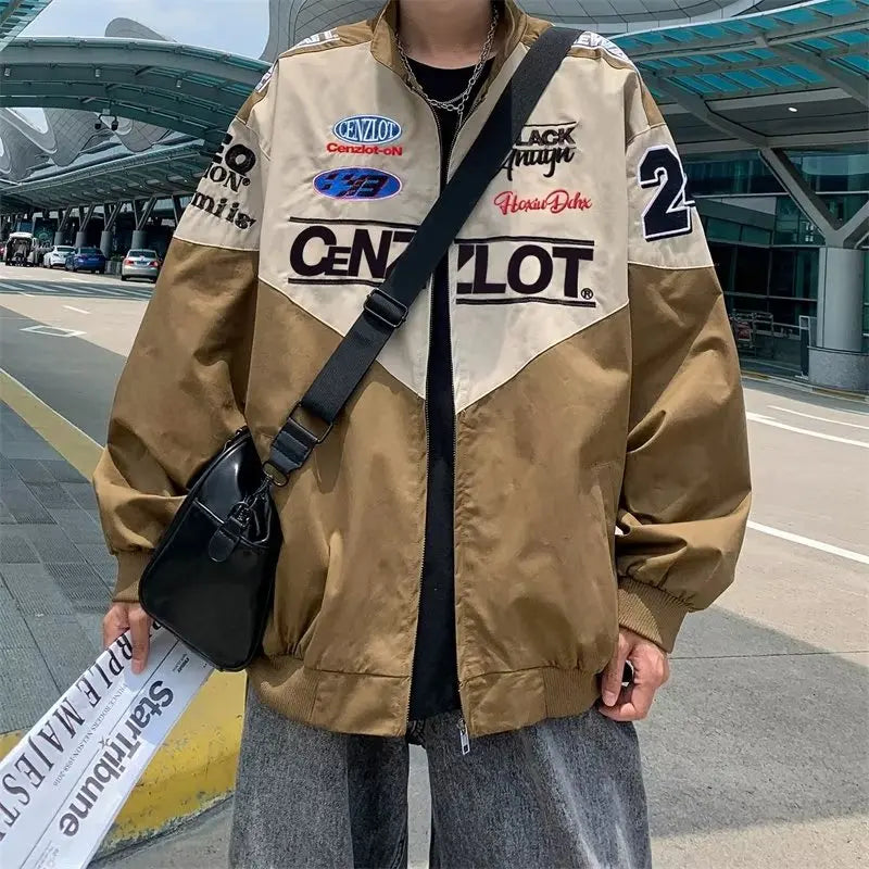 Threebooy  Retro Racing Jacket Men's High-end Motorcycle Jacket Spring Autumn Ins Fashion Brand Fashion Trend Embroidered Baseball Uniform