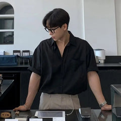 Threebooy New Korean Style Luxury Business Shirts Fashion Lapel Solid Color Short Sleeve Button-down Cardigan Tops Summer All-match Blouse