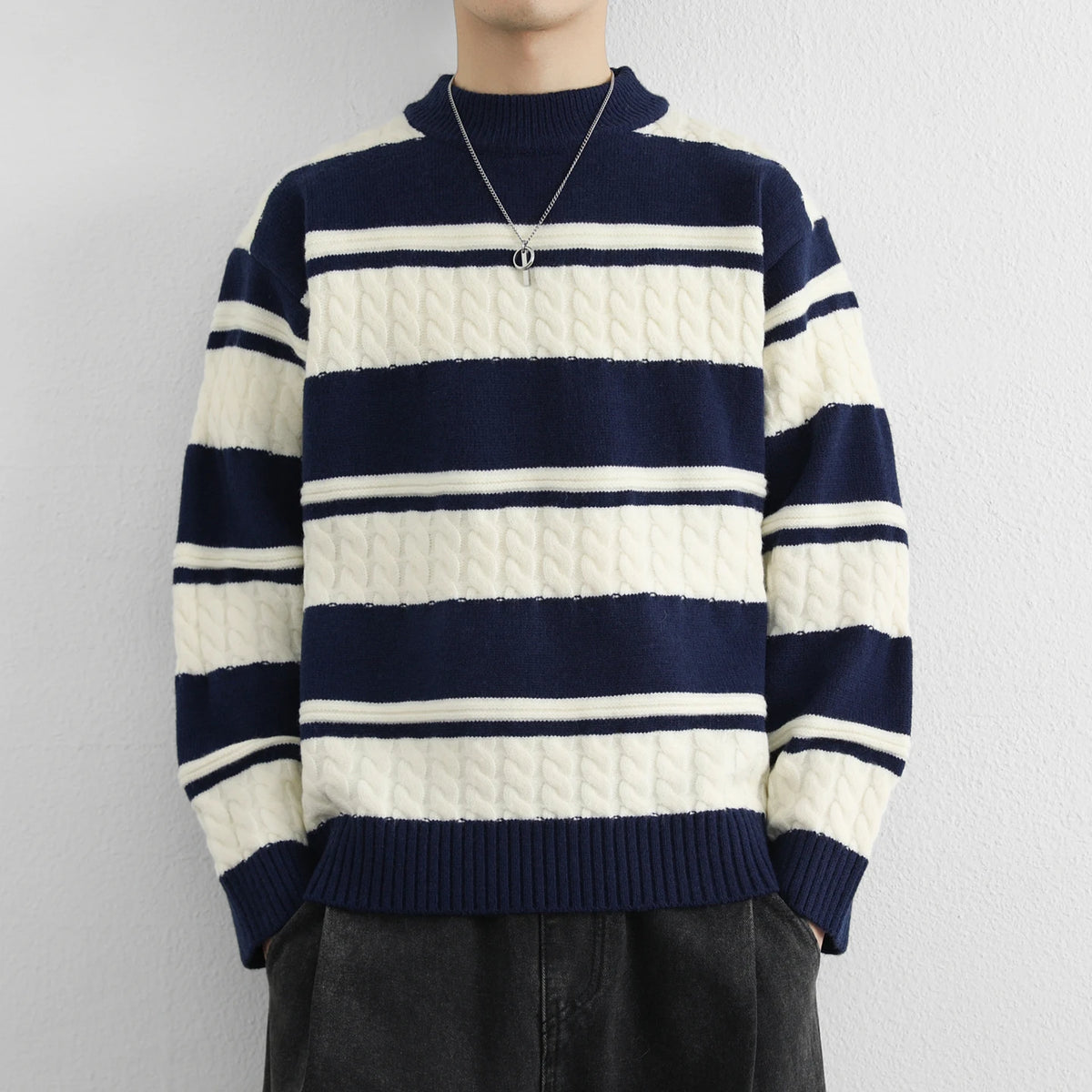 Threebooy  Men's Striped Sweater O-Neck Casual Knit Pullovers Fashion Long Sleeve Knitted Sweater Men Autumn Winter Warm Y2K Knitwear Tops