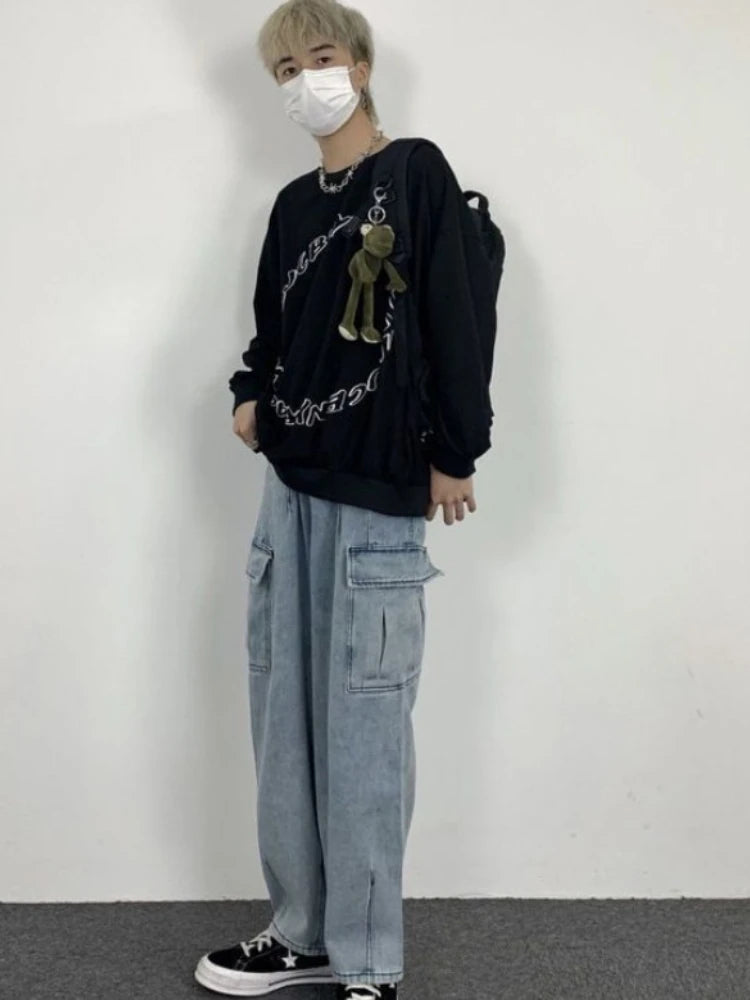 Threebooy Dark Straight Jeans Men's Korean Autumn Winter Kpop Vintage Black Denim Pants Women Popular Washed Loose Cargo Trousers