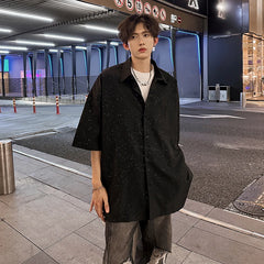 Threebooy Streetwear Men's Glitter Shirts Summer Short Sleeve Oversized Chic All-match Shirt Men Women Korean Daily Loose Tops Black/White