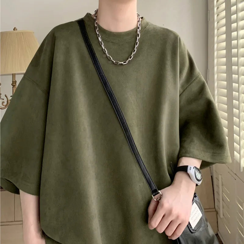 Threebooy  Summer Short Sleeved T-shirt Men Oversized Casual Round Neck T Shirt Men Streetwear Korean Loose Suede T Shirt Mens Top M-3XL