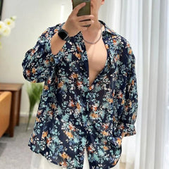 Threebooy Fashion Floral Shirt Summer New Thin See Through Shirts Outerwear Luxury Mens Clothing LGBT Casual Blouse Trendy Streetwear