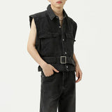 Threebooy High Street Street Korean Style Simple Denim Vest Jacket Men's Tide Brand Lapel Collar Distressed Denim Tooling Vest