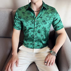 Threebooy  Summer New Men's Short Sleeved Shirt Fashion Jacquard Design Ice Silk Cool Slim Fit Social Party Tailcoat Shirt Size M-4XL