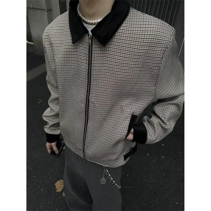Threebooy Plaid Retro Jacket Men's Spring Autumn Streetwear American Lapel Jacket Color Blocking Design Coat High-end Motorcycle Suit Top