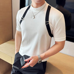 Threebooy Fashion Patchwork Webbing Tops Tees Mens Contrast Color Thin T Shirt Summer Short Sleeve Muscle Tshirt Male Slim Fit T Shirt