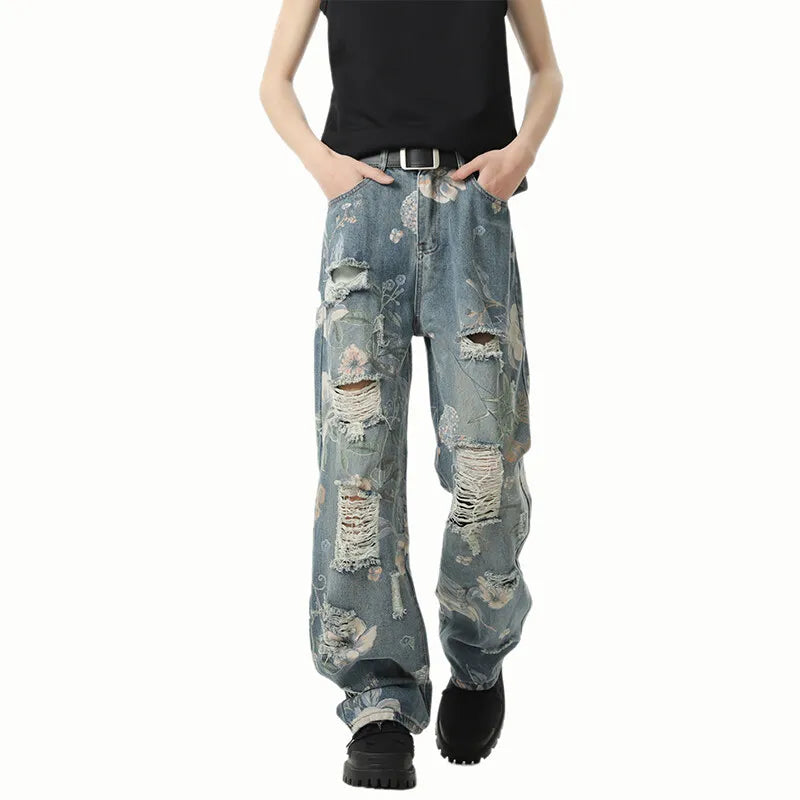 Threebooy  Distressed Straight Leg Jeans Ripped Hole Design Urban Streetwear Fashion Men Denim Pants Trendy Casual Edgy Hiphop Style