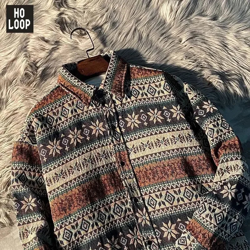 Threebooy Colored Numb Ethnic Style Shirt Men Weaving and Embroidered Spring and Autumn Retro Hong Kong Style Shirt Jacket