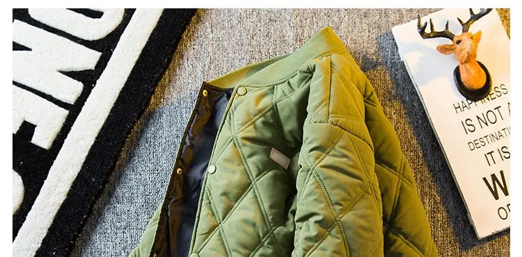 Threebooy Men's Parkas Rhombus Padded Cotton Winter Thickened Retro Casual Baseball Uniforms Warm Coat Stand Collar Single-breasted Coats
