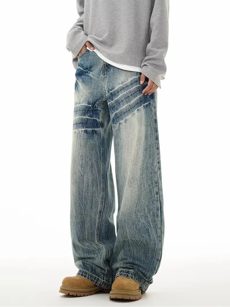 Threebooy  Men's Fashion Design Baggy Jeans Vintage Blue Personality Youth Streetwear Wide Leg Pants Korean High Street Male Denim Trousers