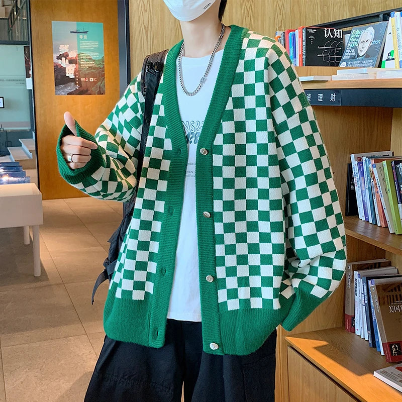 Threebooy Autumn Vintage Checkerboard Cardigan Long-sleeved Button Sweater Men's Preppy Casual Knitwear Jacket Unisex Streetwear