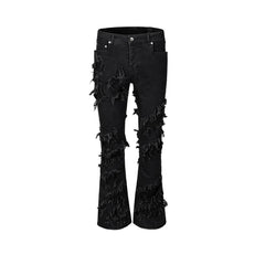 Threebooy ins dark series washed and distressed raw edge jeans men's streetwear hip-hop stitching flared pants patchwork jeans