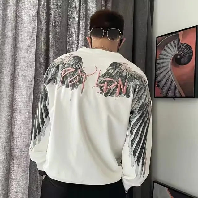 Threebooy Harajuku New Oversized Wing Pattern Round Neck Sweatshirt Men Clothing Casual Hip Hop Sports Long Sleeve Pullover Streetwear