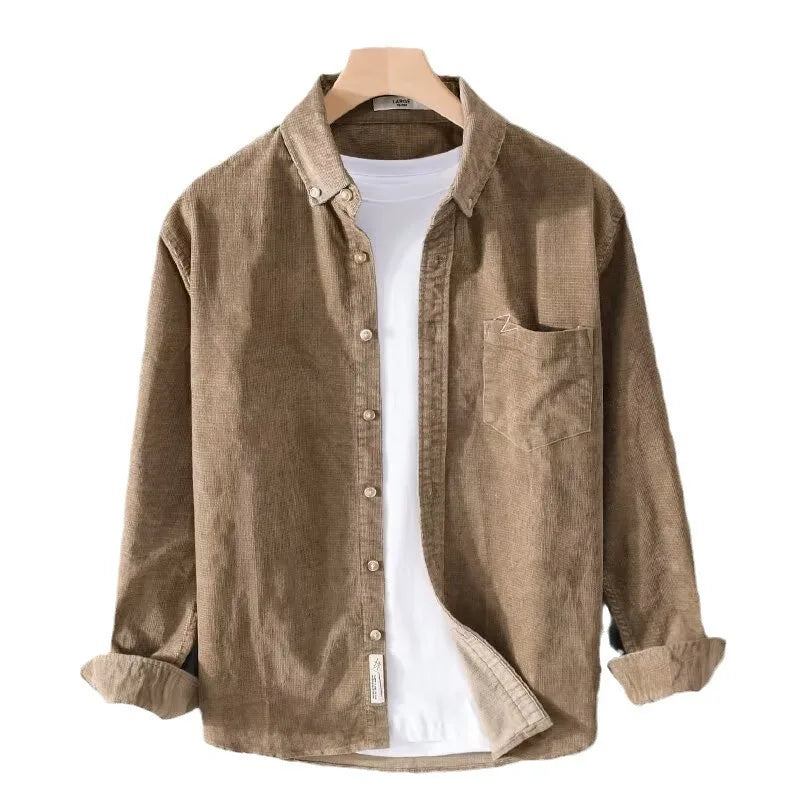 Threebooy Autumn Winter Casual Loose Corduroy Jacket For Men Elegant Business Work Turn Collar Long Sleeve Shirts For Men