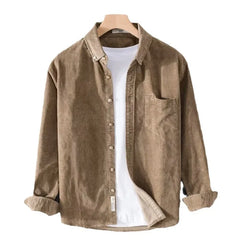 Threebooy Autumn Winter Casual Loose Corduroy Jacket For Men Elegant Business Work Turn Collar Long Sleeve Shirts For Men