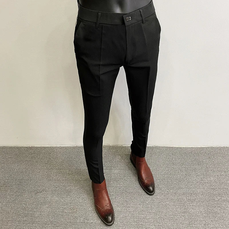 Threebooy  Spring New Men's Social Pants Fashion High Quality Slim Fit Button Suit Pants Business Dress Solid Color Suit Pants